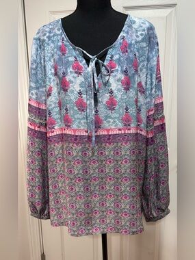Tolani Blue Floral Tie-Neck Tunic with Pink Accents 100 Silk sz XL